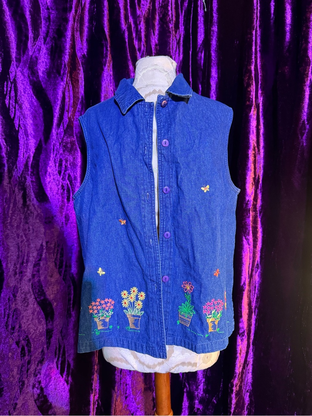 Embroidered Flower Denim Button-Up Vests